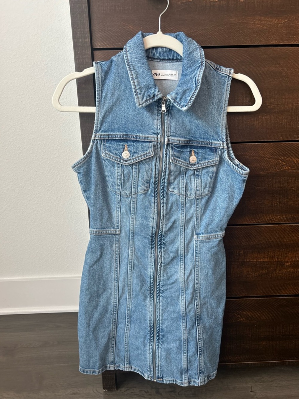 Zara Light Blue Denim Sleeveless Zip-Front Dress